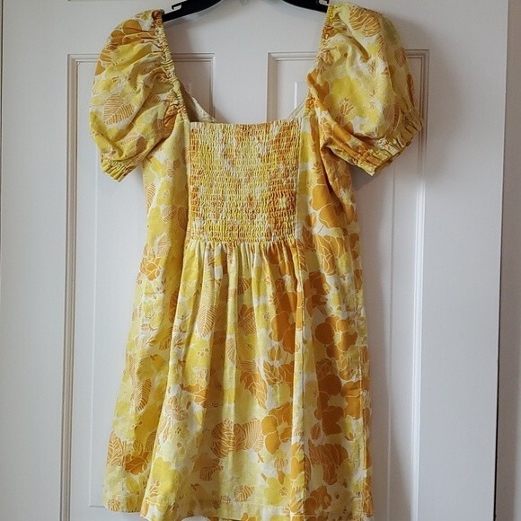 NWOT URBAN OUTFITTERS FLORAL PUFF SLEEVE BUSTIER DRESS YELLOW GOLD DEMURE - Picture 8 of 13